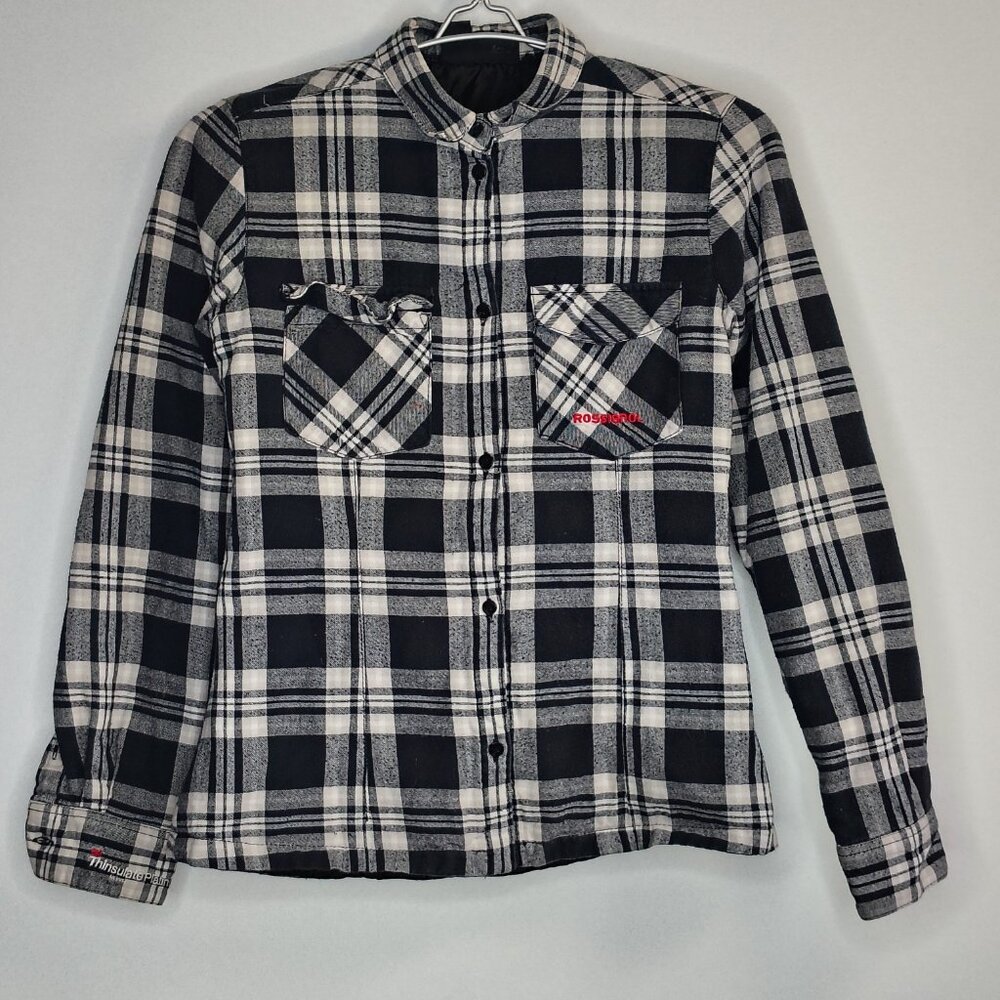 Rossignol Quilt Lined Flannel Womens Size Large White‎ Black Plaid Button Down